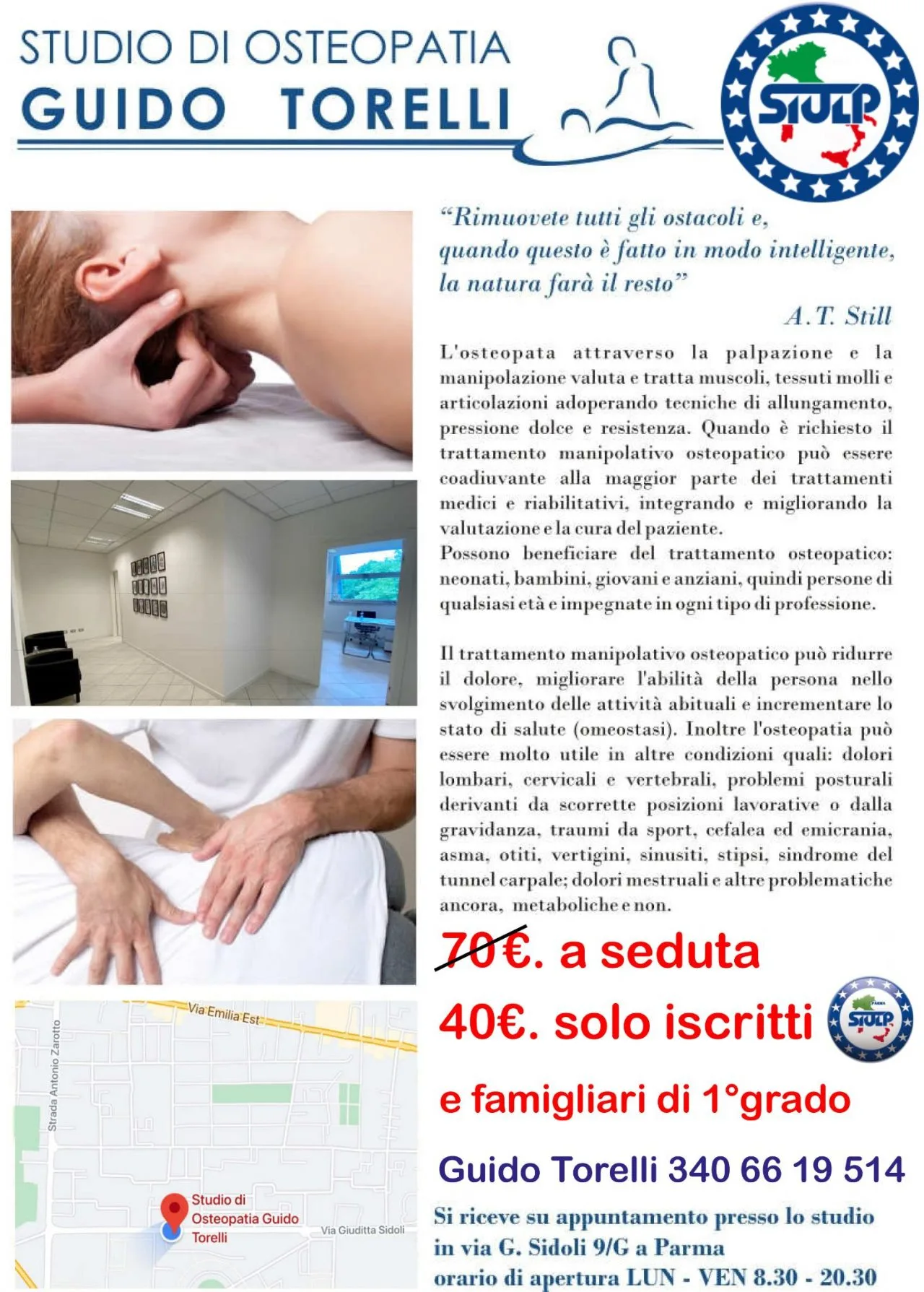 Convenzione Osteopatia Guido Torelli e SIULP Parma. 40 € anziché 70 € per iscritti e familiari di primo grado.