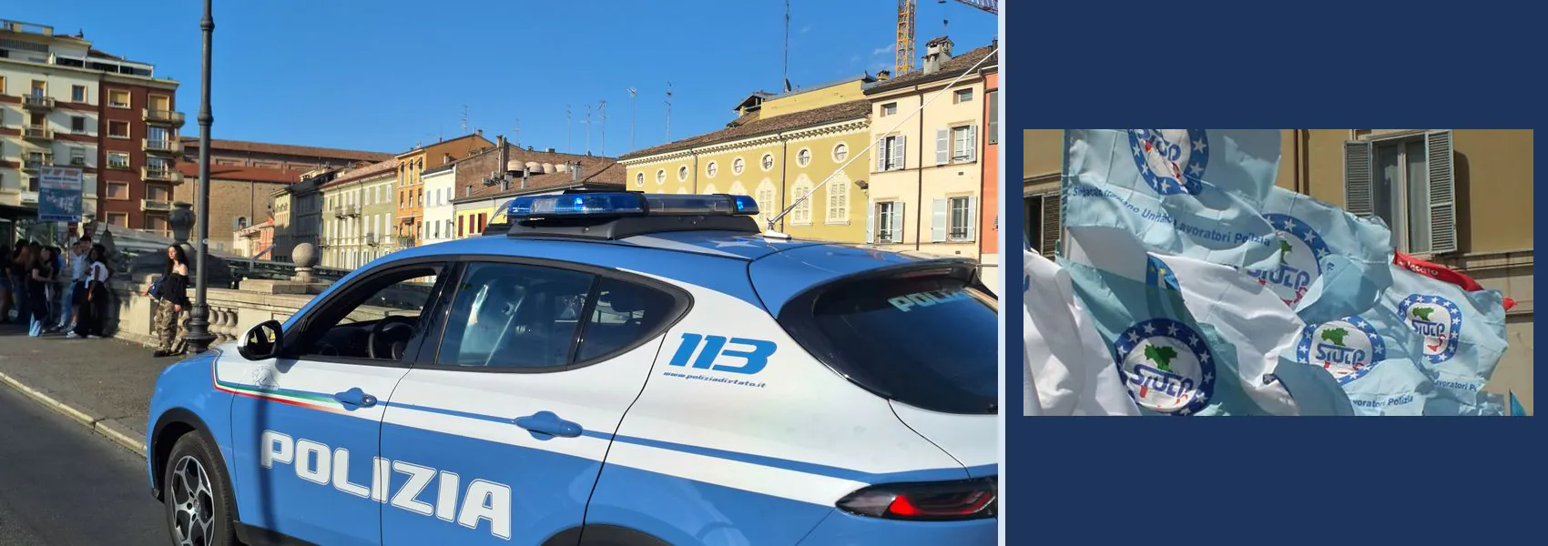 Volante della Polizia di Stato nel centro di Parma e bandiere del SIULP.